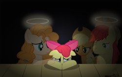 Size: 5500x3453 | Tagged: safe, artist:mrkat7214, character:apple bloom, character:applejack, character:bright mac, character:pear butter, species:earth pony, species:pony, feels, ghost, halo, sad, teary eyes