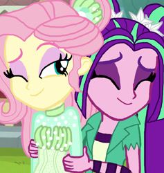 Size: 2243x2369 | Tagged: safe, artist:bigpurplemuppet99, artist:ravenwolf-bases, character:aria blaze, character:fluttershy, ship:ariashy, episode:so much more to me, g4, my little pony: equestria girls, my little pony:equestria girls, female, flutterblaze, hug, lesbian, shipping
