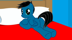 Size: 3840x2160 | Tagged: safe, artist:agkandphotomaker2000, oc, oc only, oc:pony video maker, species:pegasus, species:pony, bed, dock, looking at you, looking back, looking back at you, plot, prone, resting, solo, underhoof