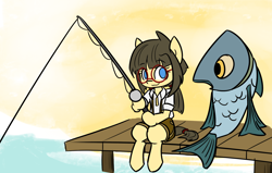 Size: 1790x1137 | Tagged: safe, artist:spheedc, oc, oc only, oc:sphee, species:earth pony, species:pony, bipedal, clothing, digital art, female, filly, fish, fishing, fishing rod, glasses, mare, pier, pigtails, semi-anthro, simple background, sitting, smiling, solo