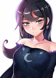 Size: 600x840 | Tagged: safe, artist:tzc, character:moonlight raven, species:human, episode:canterlot boutique, g4, my little pony: friendship is magic, anime, bare shoulders, clothing, dress, female, humanized, jewelry, looking at you, necklace, over the moon, pearl necklace, simple background, smiling, solo, white background