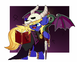 Size: 2500x2000 | Tagged: safe, artist:etoz, oc, oc only, oc:spore, species:earth pony, species:pony, bandage, book, candle, claws, clothing, commission, cute, female, fire, gradient background, happy, horn, mare, necromancer, necromancy, skull, smiling, snake, staff, teeth, wings