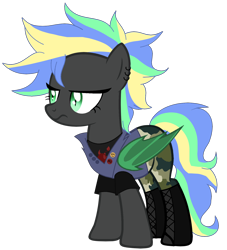 Size: 1494x1644 | Tagged: safe, artist:pegasski, artist:space--paws0w0, base used, oc, oc:primal screech, species:bat pony, species:pony, badge, bat pony oc, boots, camouflage, clothing, denim, ear piercing, earring, female, jewelry, mare, multicolored hair, pants, piercing, pin, shirt, shoes, simple background, solo, t-shirt, transparent background