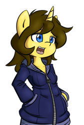 Size: 918x1361 | Tagged: safe, artist:spheedc, oc, oc only, oc:dream chaser, species:pony, species:unicorn, blue eyes, clothing, digital art, female, hoodie, hooves in pockets, mare, rule 63, semi-anthro, simple background, solo, transparent background