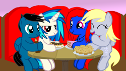 Size: 3840x2160 | Tagged: safe, artist:agkandphotomaker2000, character:derpy hooves, character:dj pon-3, character:vinyl scratch, oc, oc:pony video maker, oc:sapphire note, species:pony, cake, canon x oc, dessert, double date, food, muffin, restaurant, sugarcube corner, sugarcube corner (interior), videoscratch