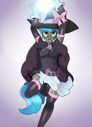 Size: 1200x1653 | Tagged: safe, artist:xorza, oc, oc only, oc:key turner, species:anthro, anthro oc, armpits, belly button, belt, clothing, cute, femboy, garters, glasses, gloves, hat, latex, male, miniskirt, open mouth, skirt, socks, solo, stockings, thigh highs
