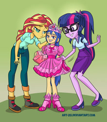 Size: 1096x1245 | Tagged: safe, artist:art-2u, character:flash sentry, character:sunset shimmer, character:twilight sparkle, character:twilight sparkle (scitwi), oc, oc:felicity sentry, species:eqg human, my little pony:equestria girls, amazon, blushing, choker, clothing, commissioner:shortskirtsandexplosions, crossdressing, dress, ear piercing, earring, femboy, frilly dress, grin, high heels, jewelry, kissy face, larger female, male, not rule 63, piercing, pink dress, shoes, sissy, size difference, smaller male, smiling, tiara