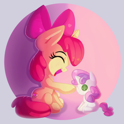 Size: 2000x2000 | Tagged: safe, artist:discorded, character:apple bloom, character:sweetie belle, species:earth pony, species:pony, species:unicorn, abstract background, adorabloom, boop, bow, cute, doll, eyes closed, female, filly, hair bow, happy, hnnng, open mouth, plushie, sitting, smiling, solo, toy