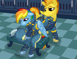 Size: 937x720 | Tagged: safe, artist:texasuberalles, character:rainbow dash, character:spitfire, species:pegasus, species:pony, armor, clothing, colored hooves, duo, female, flight suit, goggles, helmet, hoof hold, locker room, lockers, mare, sitting, uniform, wonderbolts uniform