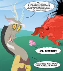 Size: 500x566 | Tagged: safe, artist:peachiekeenie, character:discord, character:ruby pinch, species:draconequus, species:earth pony, species:pony, bull, crossover, dialogue, discorderlyconduct, drama bait, female, filly, foal, male, speech bubble, the last unicorn, the red bull, troll