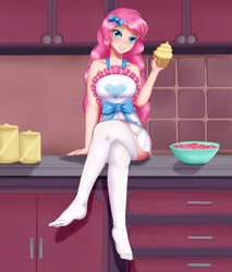 Size: 1700x2000 | Tagged: safe, artist:focusb, character:pinkie pie, species:human, episode:the craft of cookies, g4, my little pony: equestria girls, my little pony:equestria girls, spoiler:eqg series (season 2), apron, clothing, crossed legs, cupcake, cute, diapinkes, female, food, frosting, humanized, legs, looking at you, missing shoes, sitting, skirt, smiling, socks, stocking feet, stockings, thigh highs, zettai ryouiki