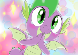 Size: 1414x1000 | Tagged: safe, artist:emositecc, character:spike, species:dragon, episode:molt down, g4, my little pony: friendship is magic, abstract background, c:, crying, cute, male, smiling, solo, spikabetes, tears of joy, winged spike