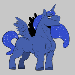 Size: 2000x2000 | Tagged: safe, artist:raph13th, character:princess luna, species:alicorn, species:pony, buff, colored hooves, female, gray background, lidded eyes, manly, mare, missing cutie mark, muscles, princess muscle moona, simple background, solo, spread wings, trolling, vein bulge, wings