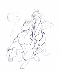 Size: 2000x2300 | Tagged: safe, artist:raph13th, character:bulk biceps, character:fluttershy, species:pegasus, species:pony, ship:flutterbulk, balloon, chest fluff, female, male, mare, monochrome, shipping, simple background, sketch, smiling, stallion, straight, teddy bear, white background