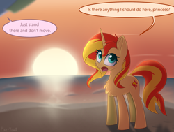 Size: 2175x1643 | Tagged: safe, artist:puetsua, character:sunset shimmer, species:pony, species:unicorn, my little pony:equestria girls, chest fluff, dialogue, female, looking back, mare, namesake, open mouth, pun, speech bubble, sun, sunset, sunshine shimmer, visual gag