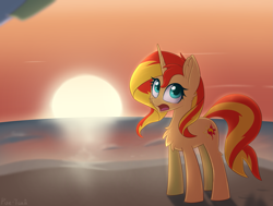 Size: 2175x1643 | Tagged: safe, artist:puetsua, character:sunset shimmer, species:pony, species:unicorn, my little pony:equestria girls, chest fluff, female, looking back, mare, namesake, open mouth, solo, sun, sunset, sunshine shimmer