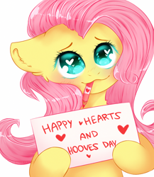 Size: 2000x2300 | Tagged: safe, artist:etoz, character:fluttershy, species:pegasus, species:pony, episode:hearts and hooves day, g4, my little pony: friendship is magic, blushing, bust, cute, eyebrows, eyebrows down, female, floppy ears, full face view, happy, happy valentines day, heart, heart eyes, holiday, hoof hold, looking up, looking up at you, mare, mouth hold, pencil, portrait, shyabetes, sign, simple background, smiling, solo, valentine's day, white background, wingding eyes