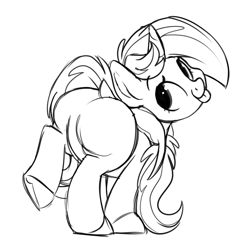 Size: 1529x1589 | Tagged: safe, artist:mulberrytarthorse, oc, oc only, oc:mulberry tart, species:pony, species:unicorn, blep, cute, dock, featureless crotch, female, looking back, mare, monochrome, plot, raised leg, raised tail, rear view, silly, simple background, sketch, smiling, solo, tail, the ass was fat, tongue out, underhoof, white background