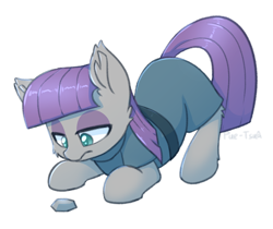 Size: 1200x1010 | Tagged: safe, artist:puetsua, character:boulder, character:maud pie, species:earth pony, species:pony, cheek fluff, clothing, colored pupils, cute, ear fluff, female, leg fluff, lidded eyes, looking down, mare, maudabetes, signature, simple background, solo, white background
