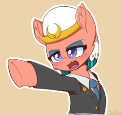 Size: 1600x1506 | Tagged: safe, artist:puetsua, character:somnambula, species:pegasus, species:pony, g4, ace attorney, clothing, female, headdress, lawyer, mare, necktie, objection, open mouth, pointing, simple background, solo, suit