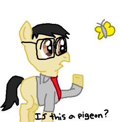 Size: 384x389 | Tagged: safe, artist:nightshadowmlp, species:earth pony, species:pony, blank flank, butterfly, clothing, dialogue, glasses, is this a pigeon, jacket, male, meme, no pants, ponified meme, shirt, solo, stallion, text