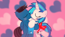 Size: 3840x2160 | Tagged: safe, artist:agkandphotomaker2000, character:dj pon-3, character:vinyl scratch, oc, oc:pony video maker, species:pony, episode:hearts and hooves day, g4, my little pony: friendship is magic, box of chocolates, canon x oc, holiday, kissing, legs in air, valentine's day, valentine's day card, videoscratch