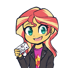 Size: 737x675 | Tagged: safe, artist:higgly-chan, character:sunset shimmer, species:human, my little pony:equestria girls, blushing, clothing, cutie mark on clothes, envelope, female, holiday, implied lesbian, implied shipping, implied sunsetsparkle, implied twilight sparkle, jacket, mail, open mouth, simple background, solo, valentine's day, white background