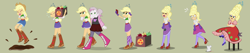 Size: 2500x533 | Tagged: safe, artist:magerblutooth, character:applejack, character:sweetie belle, my little pony:equestria girls, alternate hairstyle, applejack also dresses in style, applejewel, beehive hairdo, boots, box, cellphone, clothing, clothing transformation, commission, cowboy boots, dress, elderly, gloves, gown, high heels, hooped earrings, jewelry, lipstick, mascara, mental shift, mouse, mud, older, older sweetie belle, personality change, phone, puddle, purple, selfie, shoes, show accurate, simple background, sitting, stool, story included, tiara, transformation, transformation sequence, vector, wavy mouth