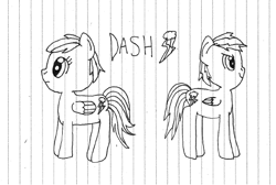 Size: 520x349 | Tagged: safe, artist:nightshadowmlp, character:evil pie hater dash, character:rainbow dash, species:demon pony, species:pegasus, species:pony, episode:secrets and pies, g4, my little pony: friendship is magic, black and white, duo, evil grin, female, grayscale, grin, lined paper, mare, monochrome, ponidox, self ponidox, smiling, text, traditional art