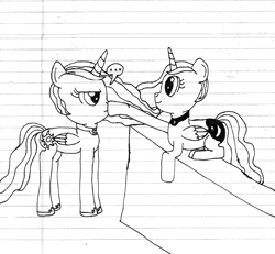 Size: 618x572 | Tagged: safe, artist:nightshadowmlp, character:princess celestia, character:princess luna, species:alicorn, species:pony, ..., boop, crown, cute, dialogue, duo, female, jewelry, lined paper, mare, necklace, prone, regalia, sitting, traditional art, wall