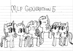 Size: 623x437 | Tagged: safe, artist:nightshadowmlp, character:applejack, character:fluttershy, character:pinkie pie, character:rainbow dash, character:rarity, character:twilight sparkle, species:earth pony, species:pegasus, species:pony, species:unicorn, g5 leak, leak, applejack (g5), earth pony twilight, female, fluttershy (g5), lined paper, mane six, mane six (g5 leak), mare, pegasus pinkie pie, pinkie pie (g5), race swap, rainbow dash (g5), rarity (g5), text, traditional art, twilight sparkle (g5), unicorn fluttershy