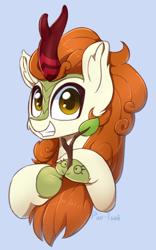 Size: 934x1500 | Tagged: safe, artist:puetsua, character:autumn blaze, species:kirin, episode:sounds of silence, g4, my little pony: friendship is magic, autumn blaze's puppet, awwtumn blaze, blue background, bust, chest fluff, cloven hooves, cute, ear fluff, female, fluffy, grin, looking at you, signature, simple background, smiling, solo, squee, teeth, unshorn fetlocks
