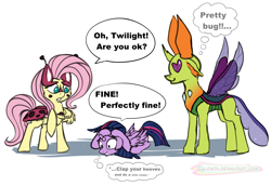 Size: 3924x2704 | Tagged: safe, artist:cafecomponeis, derpibooru original, character:fluttershy, character:thorax, character:twilight sparkle, character:twilight sparkle (alicorn), species:alicorn, species:changeling, species:pony, species:reformed changeling, ladybugs-awake, episode:starlight the hypnotist, spoiler:interseason shorts, clothing, costume, heart eyes, ladybug, scared, shipping, spread wings, that was fast, thoraxshy, twilight hates ladybugs, twilight snapple, twilynanas, watermark, wingboner, wingding eyes, wings