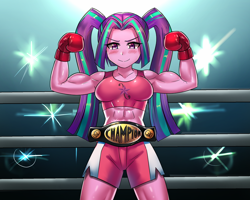 Size: 900x720 | Tagged: safe, artist:tzc, part of a set, character:aria blaze, my little pony:equestria girls, abs, anime, aria brute, aria buff, biceps, blushing, boxing, boxing gloves, boxing ring, camera flashes, championship belt, clothing, commission, female, flexing, looking at you, midriff, muscles, pigtails, shorts, smiling, solo, sports, sports bra, sports shorts