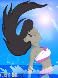 Size: 1512x2016 | Tagged: safe, artist:cyber-murph, character:octavia melody, my little pony:equestria girls, beautisexy, belly button, bikini, bow, clothing, eyes closed, female, hair flip, midriff, ocean, signature, solo, splash, sun, swimming, swimsuit