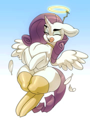 Size: 802x1114 | Tagged: safe, artist:bigdad, character:rarity, species:alicorn, species:pony, species:unicorn, alicornified, angel, angel costume, choker, clothing, eyeshadow, fake halo, feather, female, licking, licking lips, makeup, mare, one eye closed, puffed chest, race swap, raricorn, rearity, socks, solo, thigh highs, tongue out, wink