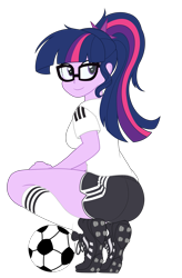 Size: 5571x8467 | Tagged: safe, artist:ncmares, artist:pink1ejack, edit, character:twilight sparkle, character:twilight sparkle (scitwi), species:eqg human, my little pony:equestria girls, absurd resolution, ass, ball, big breasts, breasts, busty sci-twi, cleats, clothing, cute, eyelashes, female, football, germany, glasses, kneesocks, looking at you, panty line, ponytail, pose, sci-twibutt, sexy, shirt, shoes, shorts, simple background, smiling, sneakers, socks, solo, sports, sports outfit, sports shorts, sporty style, squatting, thighlight sparkle, thighs, tight clothing, tomboy, transparent background, twiabetes, twibutt, vector