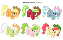 Size: 3600x2300 | Tagged: safe, artist:gurugrendo, artist:pika-robo, character:apple bumpkin, character:applejack, character:granny smith, character:red gala, species:earth pony, species:pony, g1, g3, g4, alternate costumes, apple family member, applejack (g3), bucking, crimson gala, female, g1 to g4, g3 to g4, generation leap, mare, my little pony, palette swap, recolor, vector