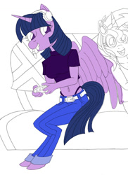 Size: 900x1235 | Tagged: safe, artist:supra80, character:twilight sparkle, character:twilight sparkle (alicorn), species:alicorn, species:anthro, species:pony, clothing, double mane, headphones, pencil drawing, photoshop, traditional art, wip