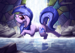 Size: 6614x4677 | Tagged: safe, artist:cafecomponeis, character:sea swirl, species:pony, species:unicorn, absurd resolution, bath, bathing, commission, female, grin, outdoors, shower, smiling, solo, water, waterfall, waterfall shower, ych result