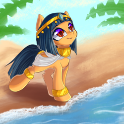 Size: 3000x3000 | Tagged: safe, artist:chaosangeldesu, oc, oc only, oc:sacred wind, species:earth pony, species:pony, blurry, clothing, egyptian, egyptian pony, eyeliner, female, gold, headband, jewelry, looking up, makeup, mare, oasis, palm tree, sand, sky, smiling, solo, straight mane, tree, water