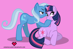 Size: 4400x2942 | Tagged: safe, artist:ladypixelheart, character:trixie, character:twilight sparkle, ship:twixie, blushing, female, heart, imminent kissing, lesbian, shipping, smiling