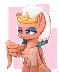Size: 940x1136 | Tagged: safe, artist:puetsua, character:somnambula, species:pegasus, species:pony, g4, abstract background, cheek fluff, chest fluff, cute, ear fluff, eyeshadow, female, flexible, fluffy, frown, glare, headdress, lidded eyes, makeup, mare, reaction image, solo, thumbs down, unamused, wing fluff, wing hands