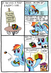 Size: 555x791 | Tagged: safe, artist:kturtle, character:rainbow dash, character:scootaloo, species:pegasus, species:pony, cheating, comic, duo, duo female, female, filly, mare, rubik's cube