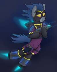 Size: 3200x4032 | Tagged: safe, artist:tacomytaco, character:descent, species:pony, clothing, costume, flying, futuristic, gun, holster, jetpack, male, shadowbolts, shadowbolts (nightmare moon's minions), shadowbolts costume, solo, weapon