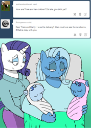 Size: 1280x1800 | Tagged: safe, artist:americananomaly, character:rarity, character:trixie, oc, oc:mystique, oc:trickster, parent:rarity, parent:trixie, parents:rarixie, species:anthro, anthroquestria, baby, baby pony, female, lesbian, magical lesbian spawn, offspring, rarixie, shipping