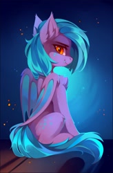 Size: 1540x2349 | Tagged: safe, artist:share dast, oc, oc only, species:bat pony, species:pony, fangs, female, freckles, looking at you, looking back, looking back at you, smiling, solo