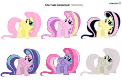 Size: 3400x2300 | Tagged: safe, artist:kurokaji11, artist:pika-robo, character:flitterheart, character:fluttershy, character:starsong, species:pegasus, species:pony, g3, g4, alternate costumes, crouching, discorded, emoshy, female, flutterbitch, g3 to g4, generation leap, mare, palette swap, recolor, simple background, transparent background, vector