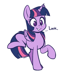 Size: 700x700 | Tagged: safe, artist:higgly-chan, character:twilight sparkle, character:twilight sparkle (alicorn), species:alicorn, species:pony, cute, dialogue, female, folded wings, look, mare, no pupils, one word, raised hoof, raised leg, simple background, smiling, solo, three quarter view, twiabetes, white background, wings