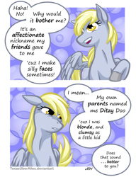 Size: 720x937 | Tagged: safe, artist:texasuberalles, character:derpy hooves, species:pegasus, species:pony, colored hooves, comic, dialogue, female, mare, solo, speech bubble, story included